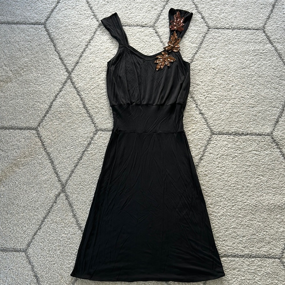 Black flowy midi dress with sequined flower detail